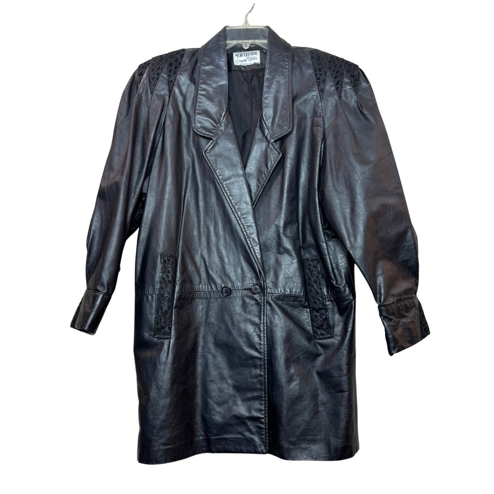 Northside Fashions Leather Trench Coat Womens Large Black 80s Vintage Edgy Biker